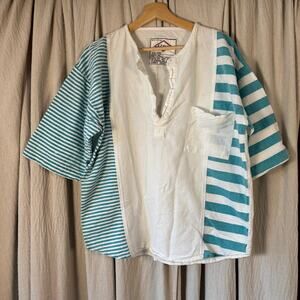 Vintage J.J. Blu Mixed Stripe Cotton Henley Shirt Teal White Patchwork Size L